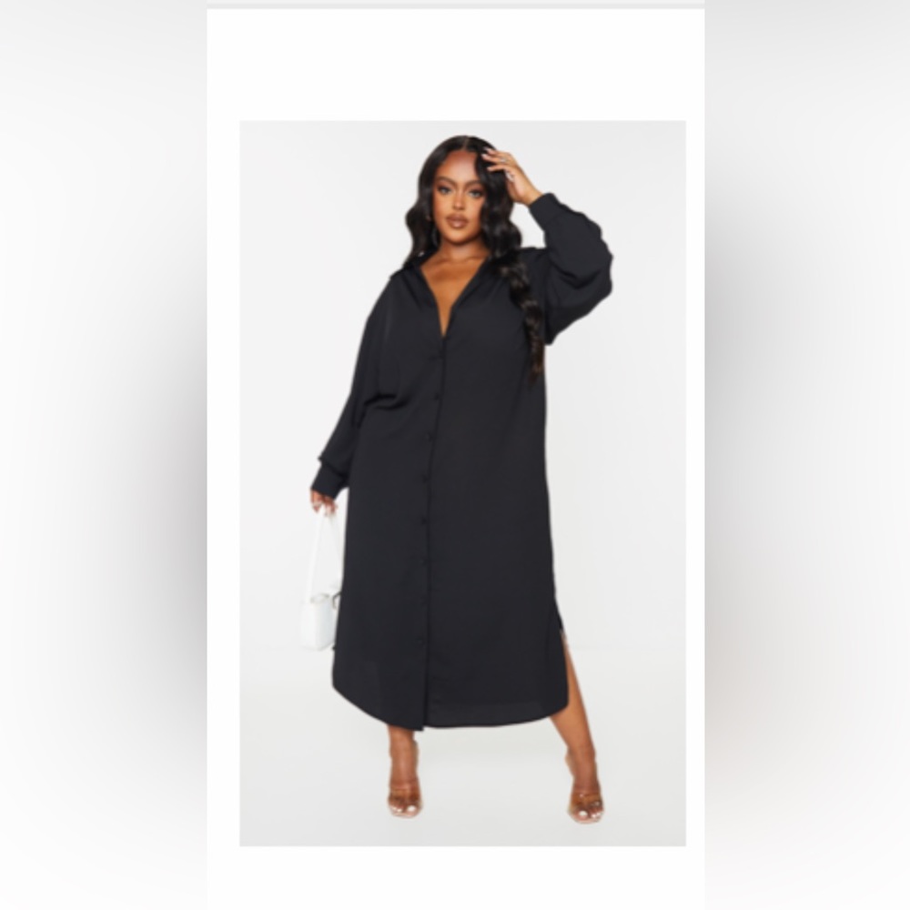 Plus Black Chiffon Long Sleeve Maxi Shirt Dress